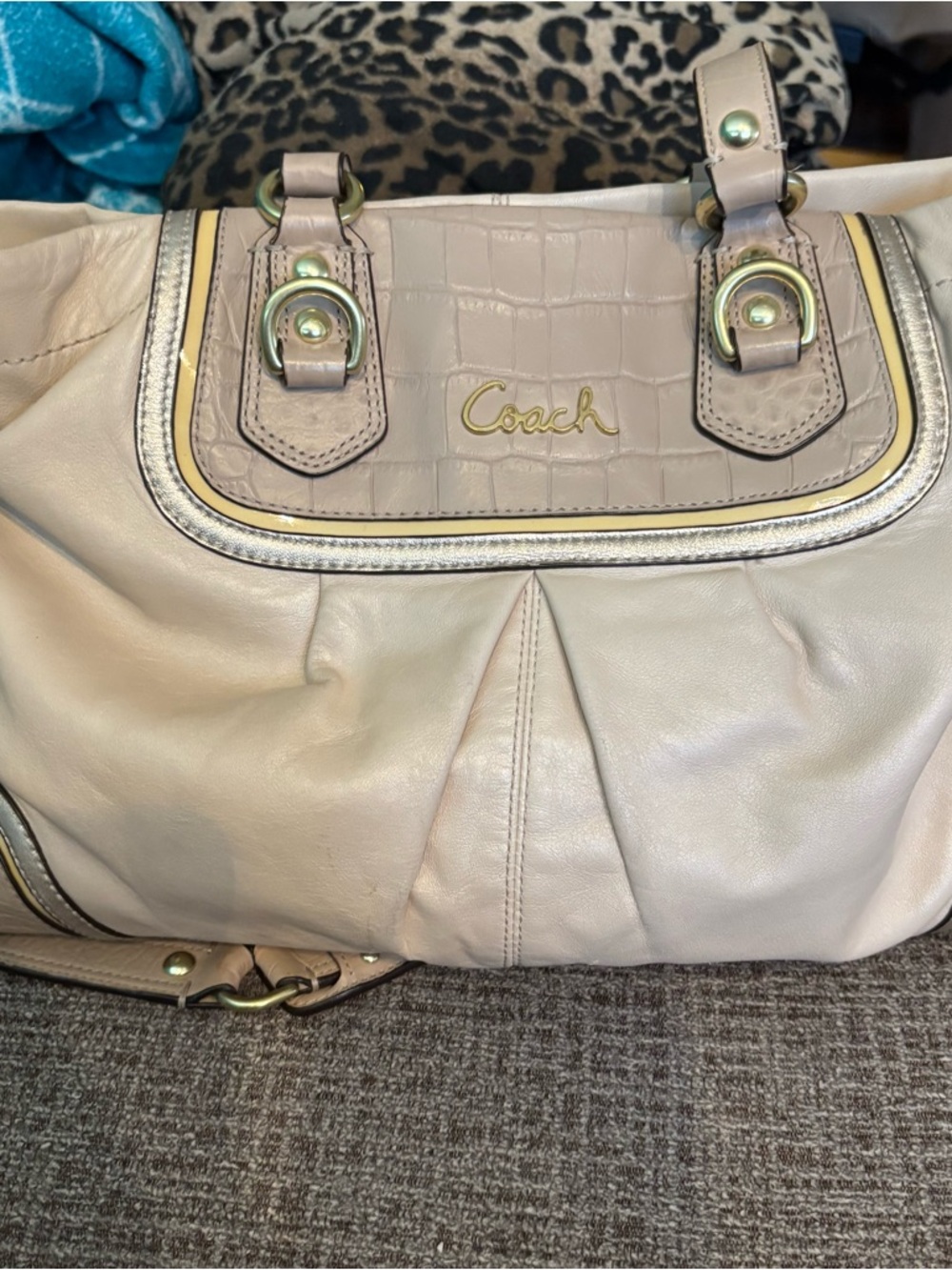 Coach Beige Croc-Accent Leather Shoulder Bag with Gold Hardware